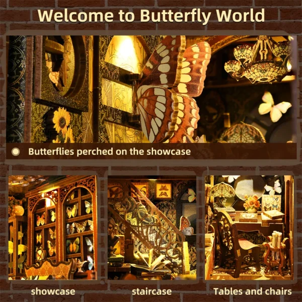 Butterfly Book Nook Kit Wooden 3D Puzzle DIY Dollhouse Model Toy - Image 3
