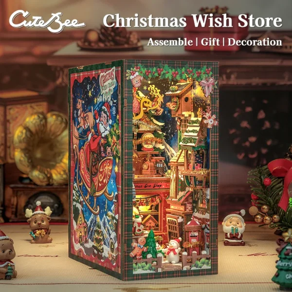 Miniature House Kits Christmas DIY Book Nook With Light & Dust Cover