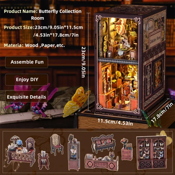 Butterfly Book Nook Kit Wooden 3D Puzzle DIY Dollhouse Model Toy - Image 4